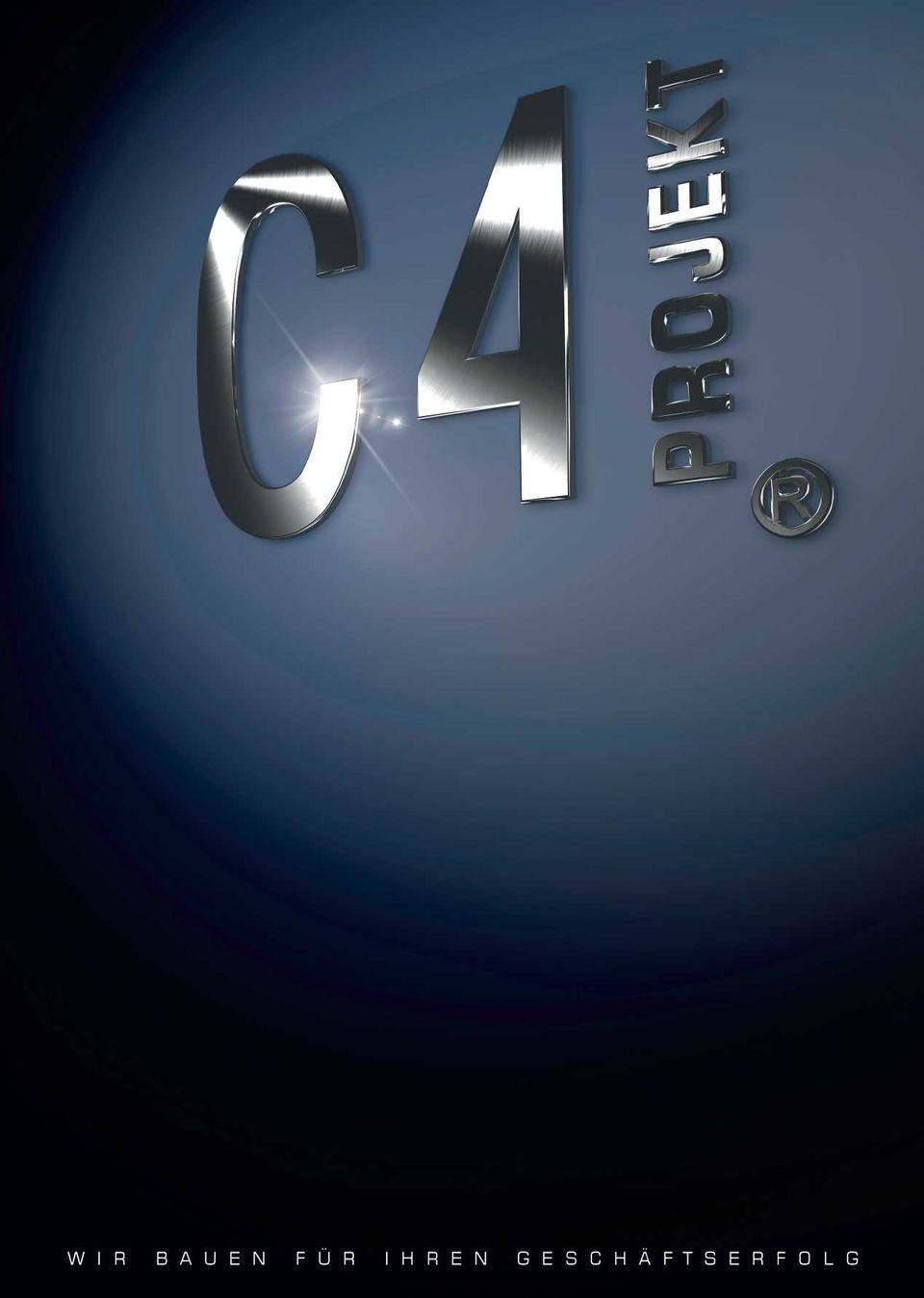 Titelseite der Broschüre: Chrom-Logo „C4 Projekt“, Slogan „Wir bauen für Ihren Geschäftserfolg“
