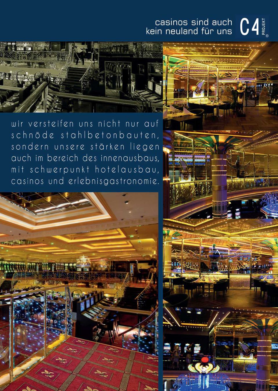 Broschürenseite „Casinos sind auch kein Neuland für uns“ mit Innenausbau eines Casinos