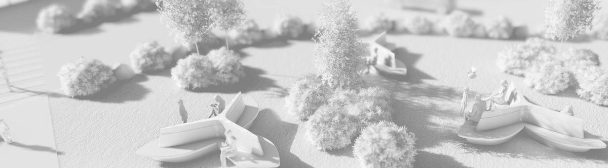 Weißes 3D-Modell einer Parklandschaft mit geschwungenen Sitzelementen und Bäumen