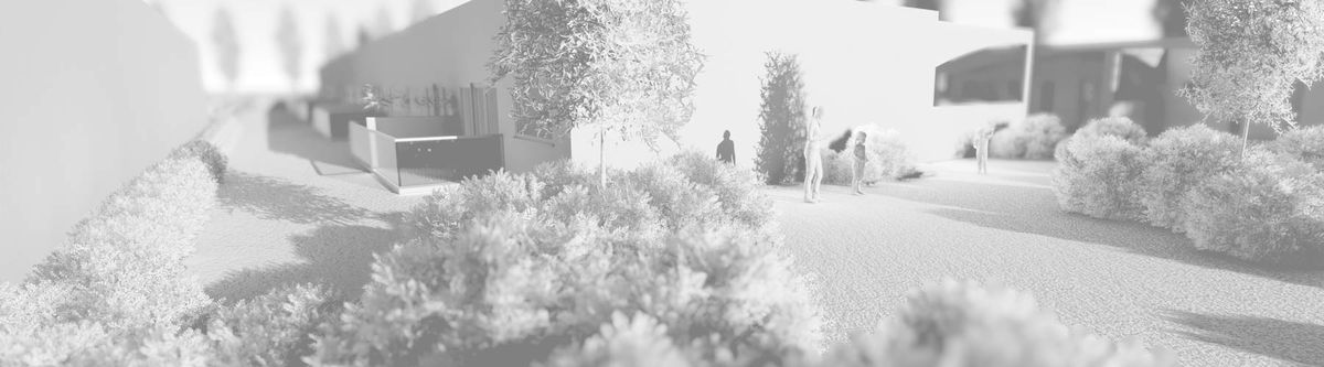 Weißes 3D-Modell eines Gebäudeensembles mit Bäumen, Wegen und Personen als Maßstab