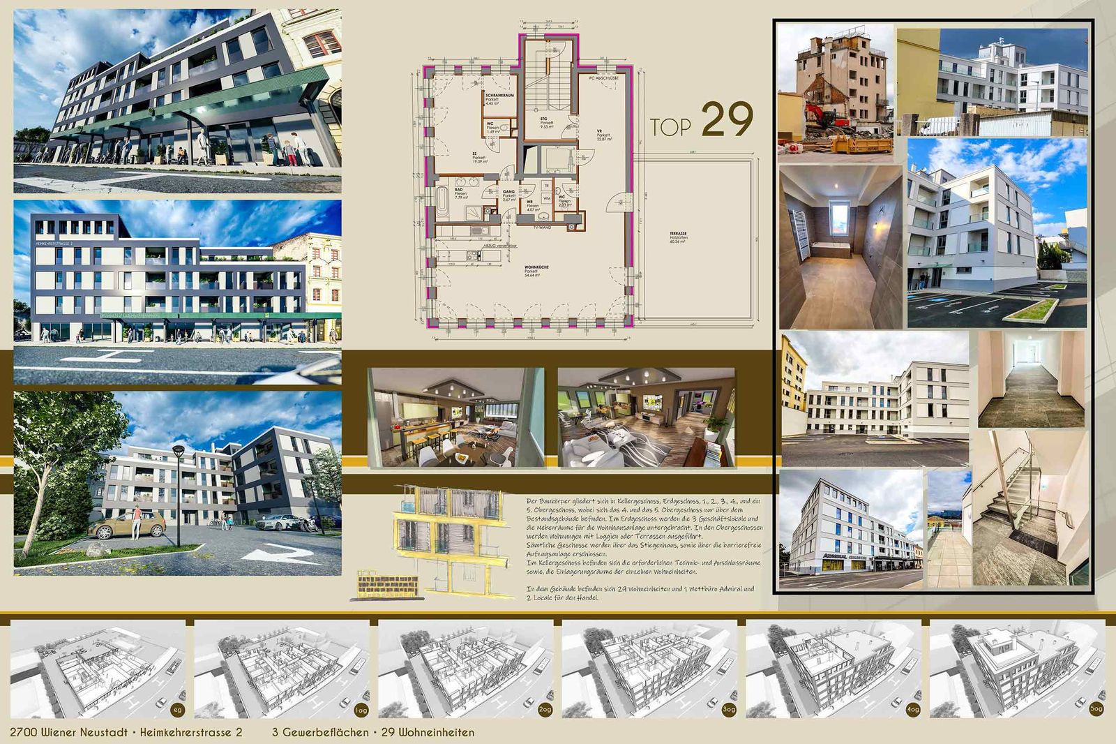 Projektplakat: Wohnbau mit Grundriss „Top 29“, Fotos von Fassaden und Innenräumen