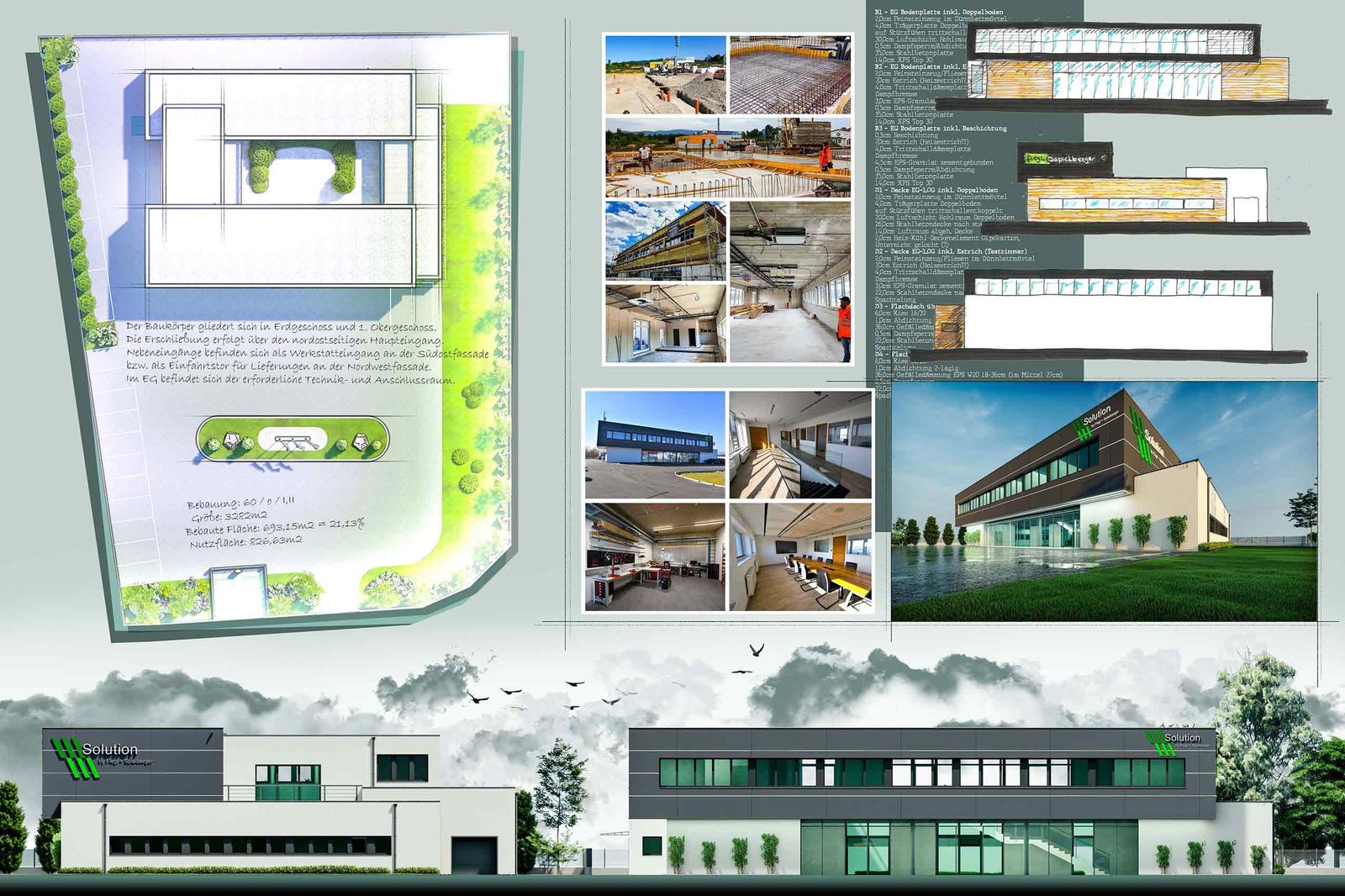 Projektplakat: Lageplan, Ansichten und Fotos eines Betriebsgebäudes mit Büro- und Hallentrakt